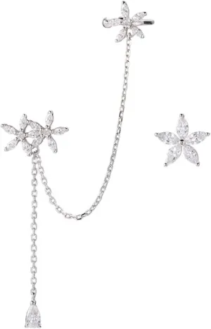 SLUYNZ 925 Sterling Silver Daisy Flowers Cuff Earrings Chain for Women Asymmetric CZ Daisy Earrings Crawler Dangling Chain