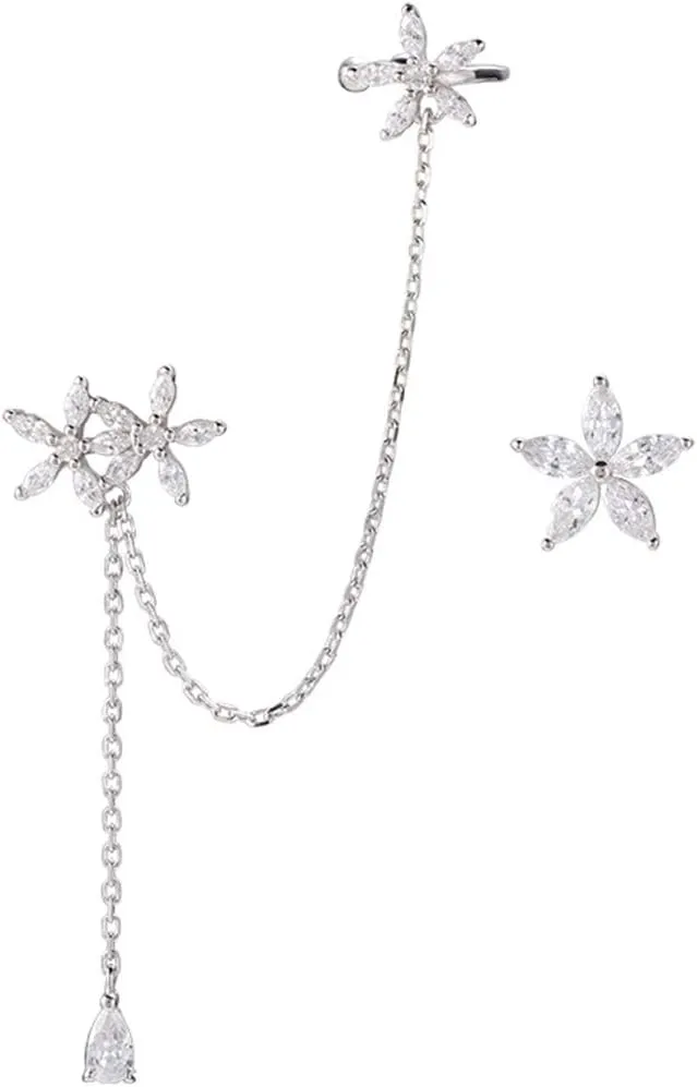 SLUYNZ 925 Sterling Silver Daisy Flowers Cuff Earrings Chain for Women Asymmetric CZ Daisy Earrings Crawler Dangling Chain