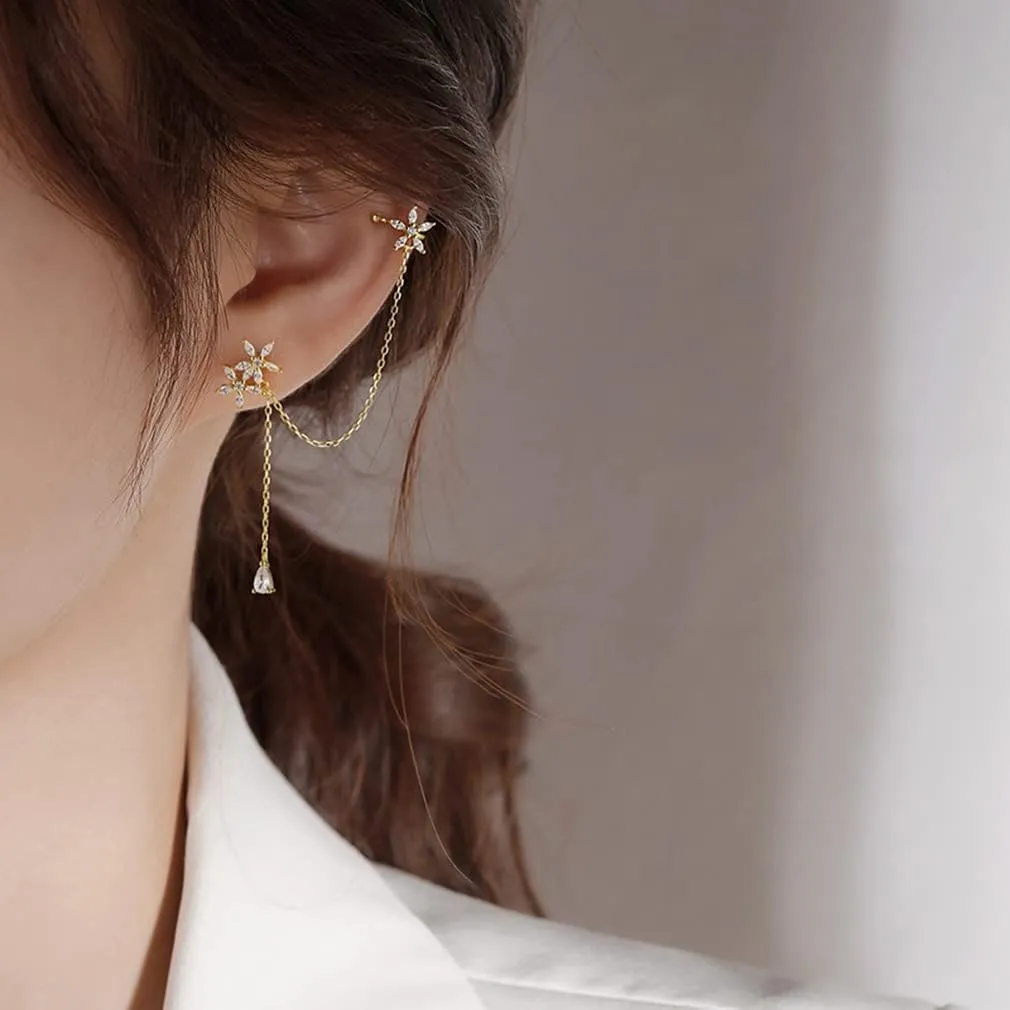 SLUYNZ 925 Sterling Silver Daisy Flowers Cuff Earrings Chain for Women Asymmetric CZ Daisy Earrings Crawler Dangling Chain