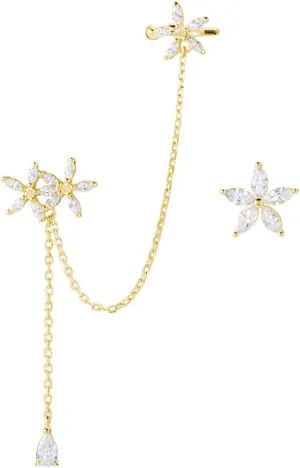 SLUYNZ 925 Sterling Silver Daisy Flowers Cuff Earrings Chain for Women Asymmetric CZ Daisy Earrings Crawler Dangling Chain
