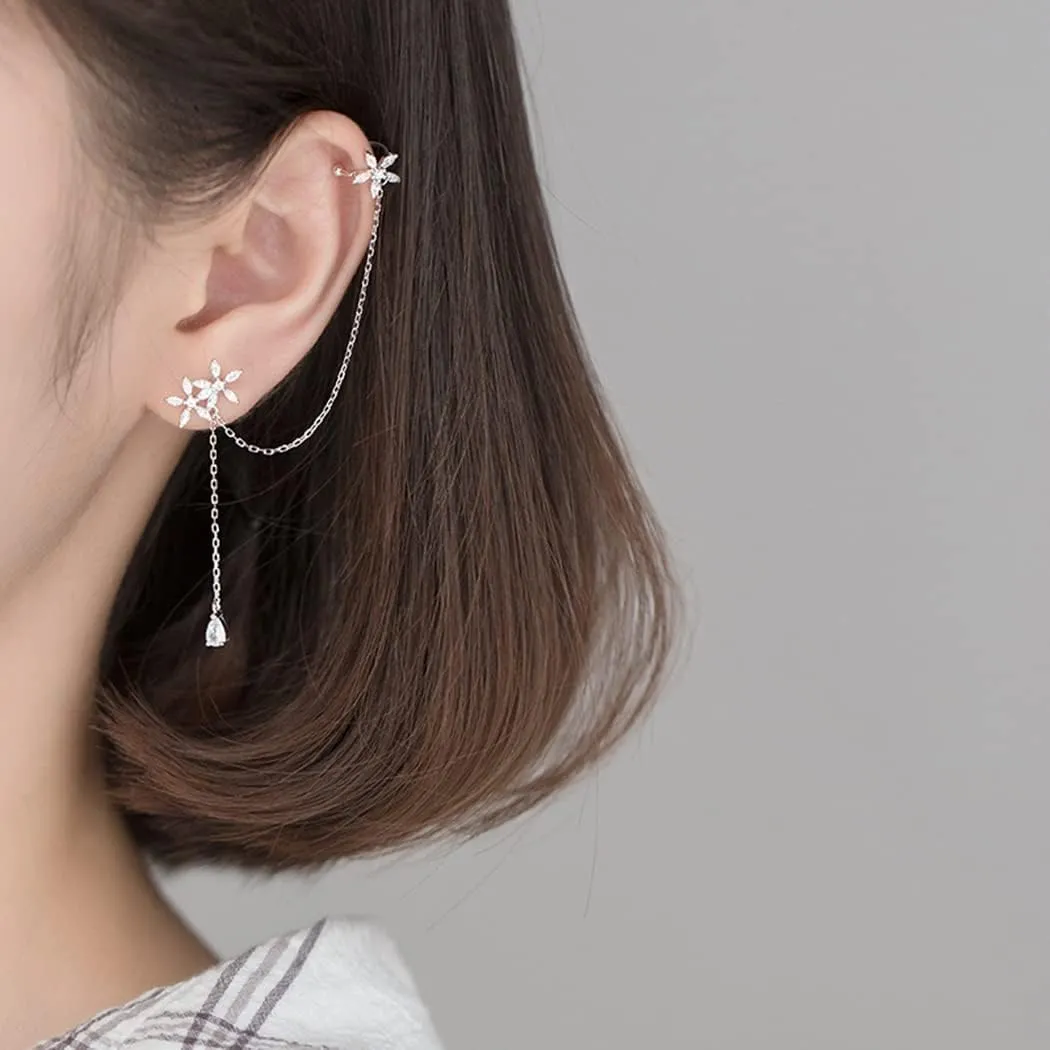 SLUYNZ 925 Sterling Silver Daisy Flowers Cuff Earrings Chain for Women Asymmetric CZ Daisy Earrings Crawler Dangling Chain