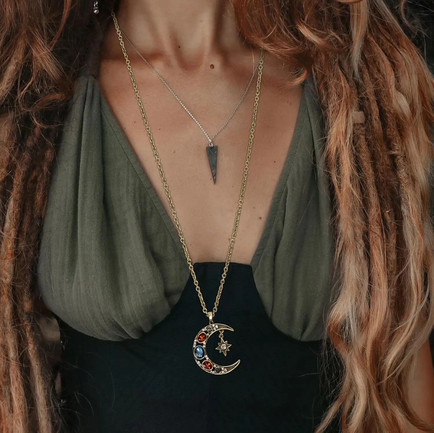 SPUNKYsoul Boho Antique Gold or Silver Tribal Crescent Moon Faceted Crystal Long Necklace for Women