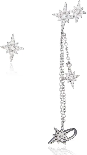 Star Climber Asymmetric Earrings Sterling Silver CZ Cubic Zirconia Crystal Flower Burst Cartilage Ear Cuffs Wrap Jacket Earrings Chain Ear Crawler Sweep Up Perced Dangle Drop Earrings Studs