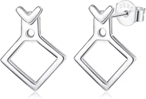Sterling Silver Square Triangle Earrings For Women Small Geometric V Stud Earrings Front Back Ear Jacket Earrings Minimalist Stud Earrings