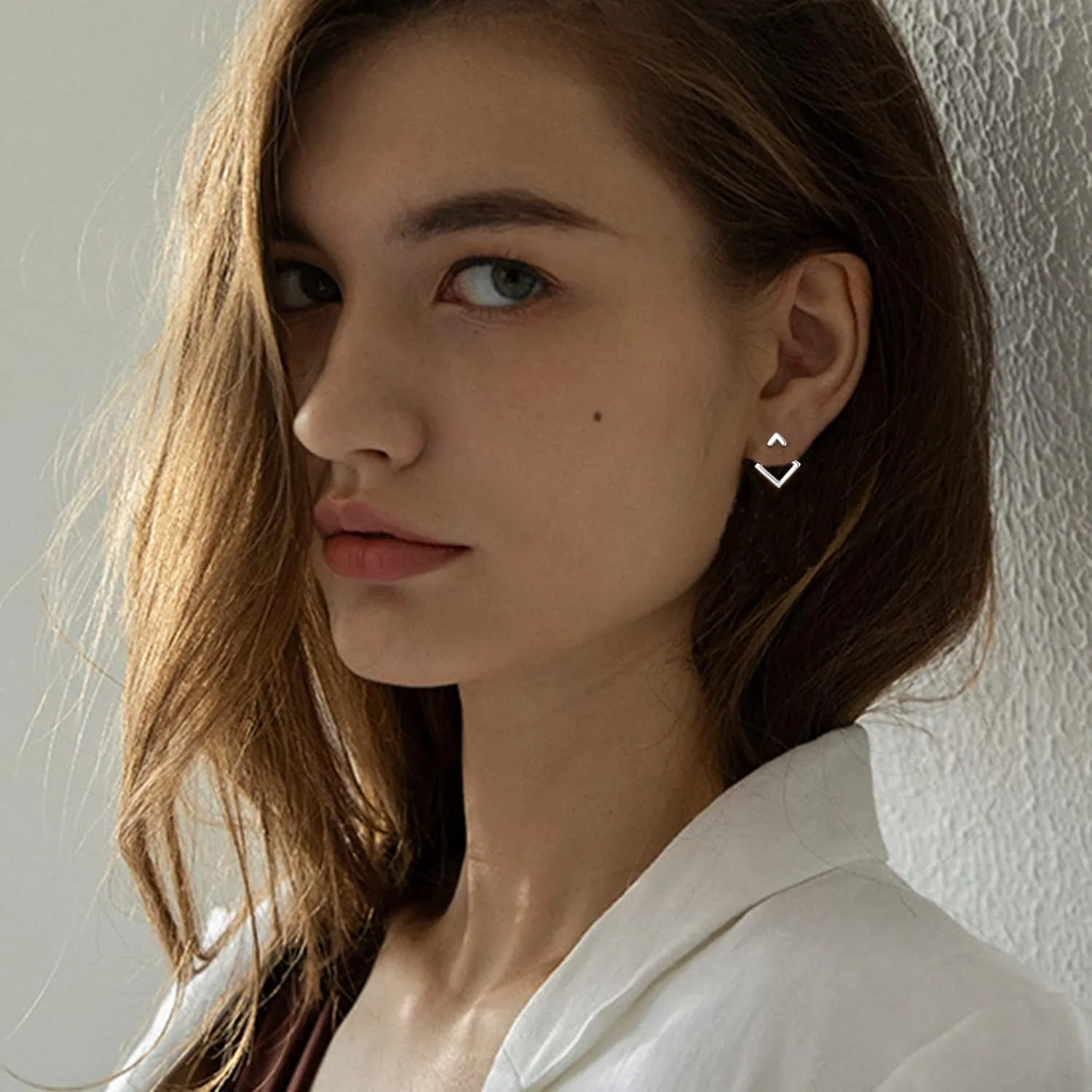 Sterling Silver Square Triangle Earrings For Women Small Geometric V Stud Earrings Front Back Ear Jacket Earrings Minimalist Stud Earrings