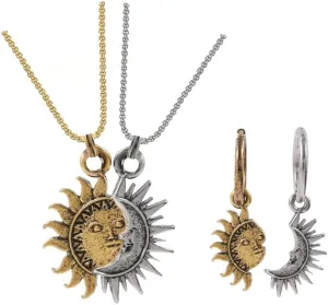 Sun and Moon Matching Necklace for Couple Asymmetric Sun Moon Dangle Hoop Earrings for Women Vintage Couple Half Moon Sun Pendant Necklace Jewelry for Men