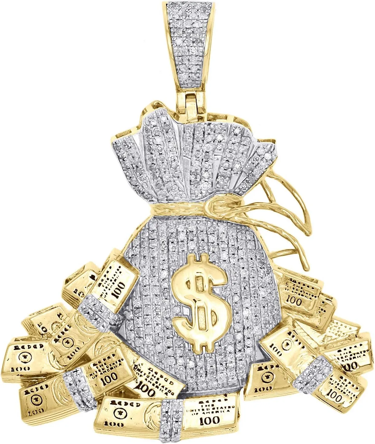 TGDJ 10K Yellow Gold Diamond Money Bag Pendant - 100 Dollar Stacks Pendant for Men - 1.85" Charm 0.97 CT with Real Diamond Clarity: SI2 - I1 Color: H - I