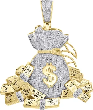 TGDJ 10K Yellow Gold Diamond Money Bag Pendant - 100 Dollar Stacks Pendant for Men - 1.85" Charm 0.97 CT with Real Diamond Clarity: SI2 - I1 Color: H - I