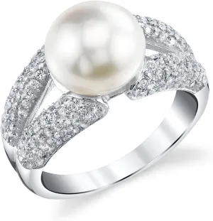 The Pearl Source 9-10mm Genuine White Freshwater Cultured Pearl & Cubic Zirconia Rainbow Ring for Women
