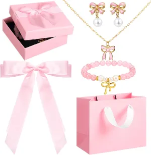 Tondiamo Coquette Bow Jewelry Set Necklace Earrings Bracelet Hairpin with Gift Box for Women Pink Bow Coquette Accessories
