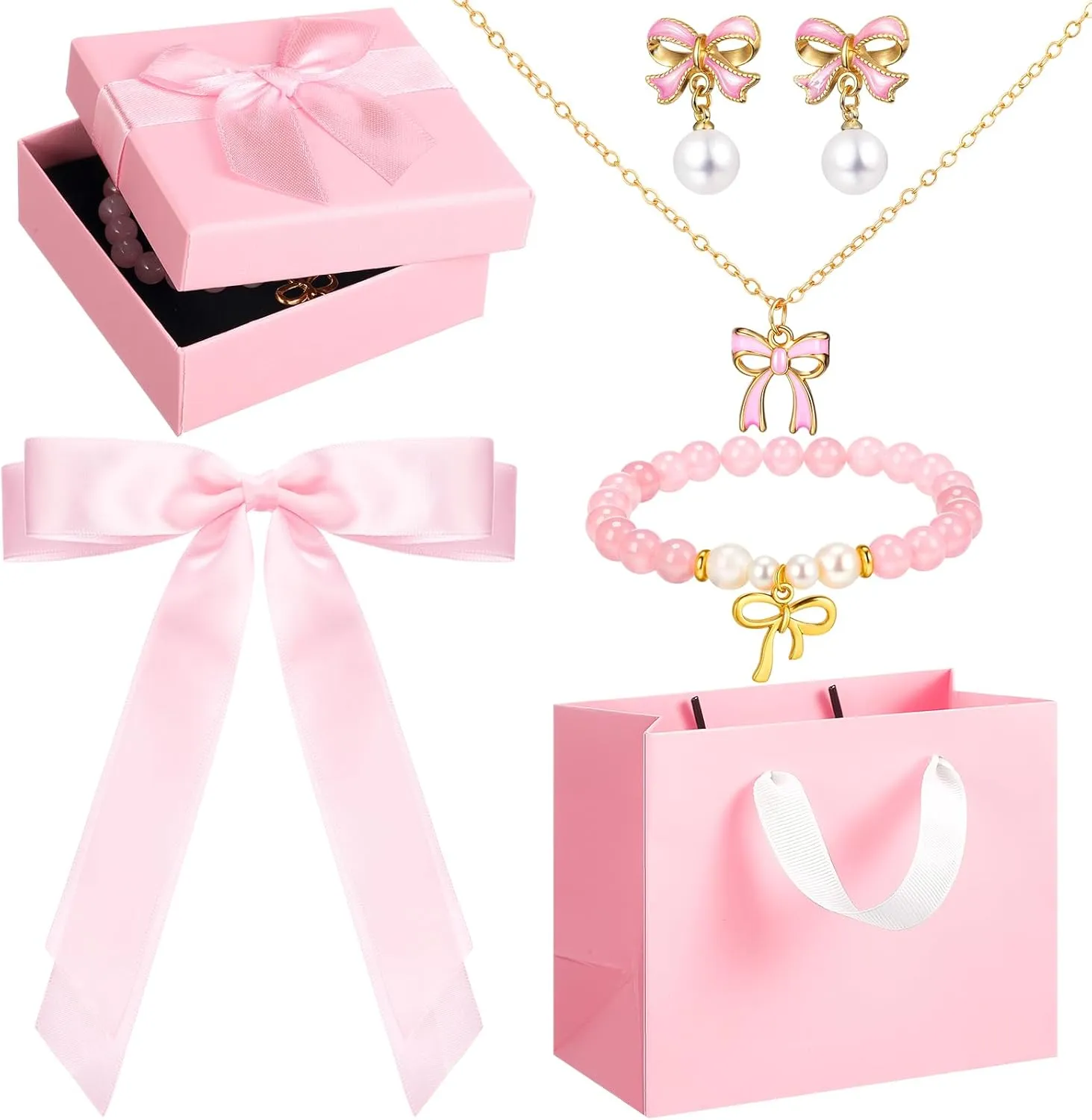 Tondiamo Coquette Bow Jewelry Set Necklace Earrings Bracelet Hairpin with Gift Box for Women Pink Bow Coquette Accessories
