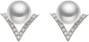 V-Shaped Huggie Earrings 18K Gold Plated Sterling Silver Round Stud White Simulated Shell Pearl Earrings Cubic Zirconia Studded Small Pearl Earrings
