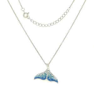 Whale Tail Necklace with White, Aqua and Blue Crystals in Sterling Silver