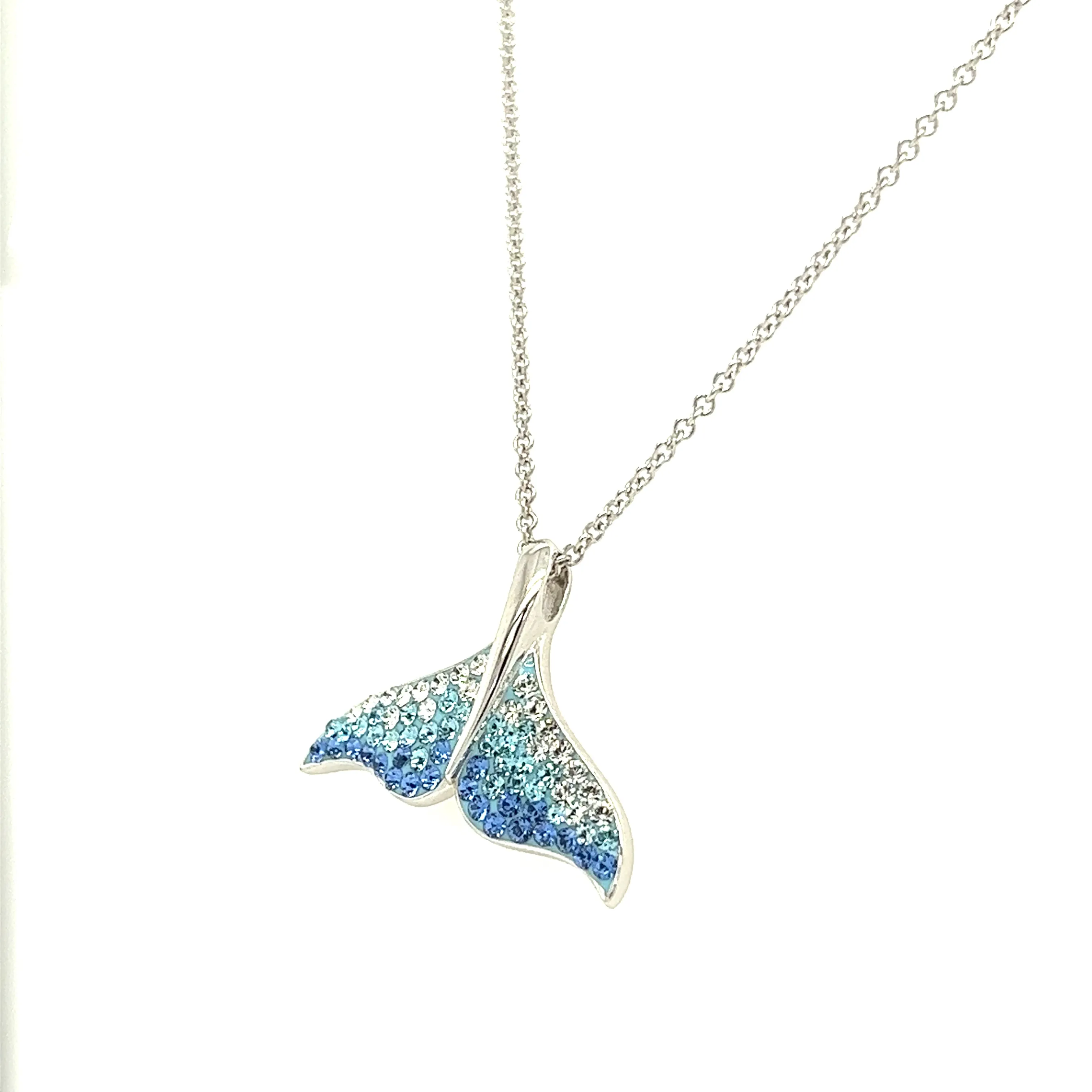 Whale Tail Necklace with White, Aqua and Blue Crystals in Sterling Silver