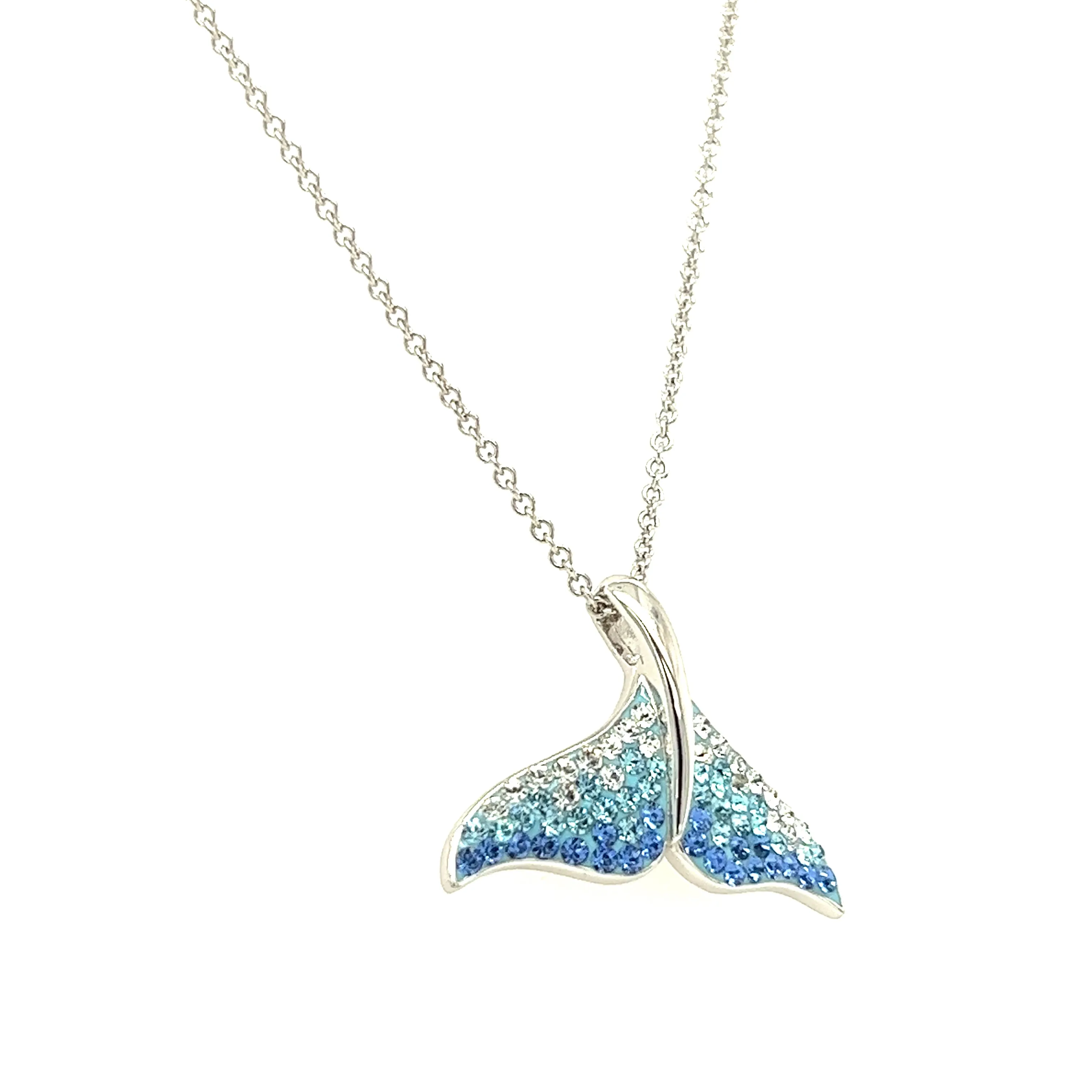 Whale Tail Necklace with White, Aqua and Blue Crystals in Sterling Silver