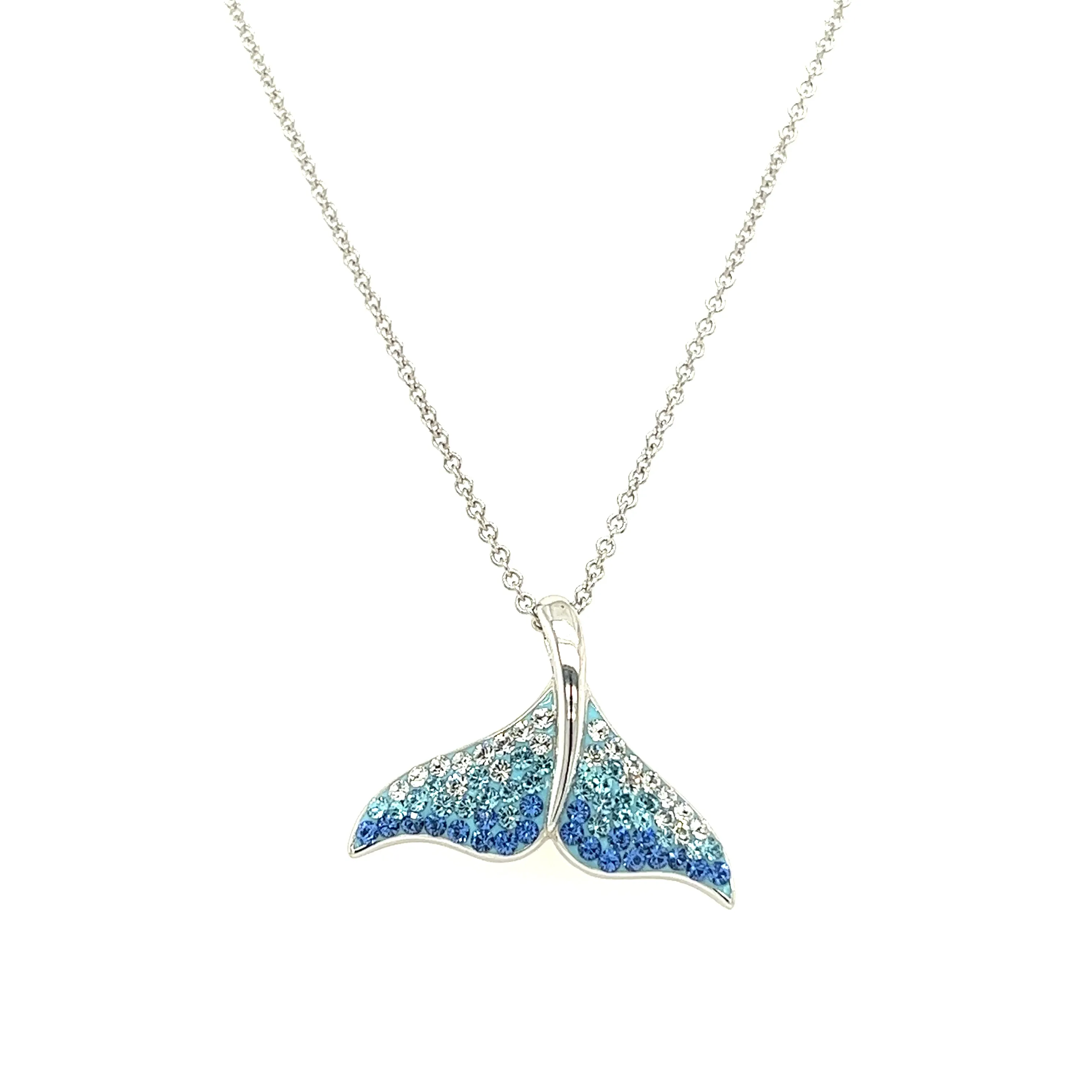Whale Tail Necklace with White, Aqua and Blue Crystals in Sterling Silver