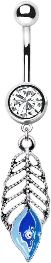 WILDKLASS 316L Stainless Steel Blue Peacock Feather Dangle Navel Ring
