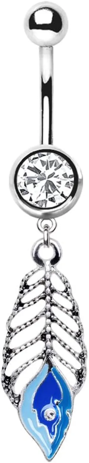 WILDKLASS 316L Stainless Steel Blue Peacock Feather Dangle Navel Ring