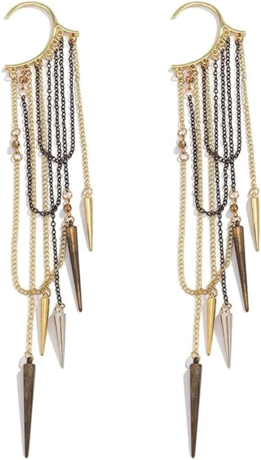 Wiwpar Fashion Long Chain Tassel Earrings Studded Spike Rivet Dangle Earrings Punk Stud Ear Cuffs Earrings for Women (2pcs)