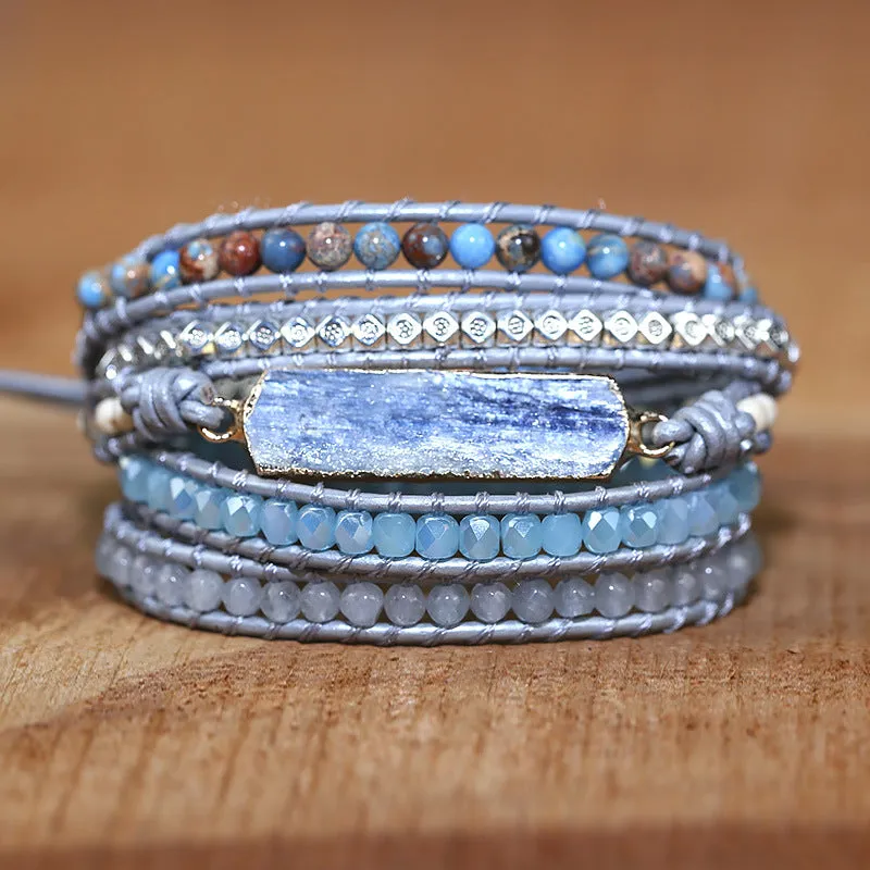 Women's Natural Sapphire Stone Handwoven Leather Bracelet