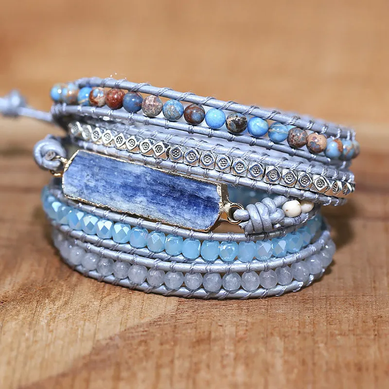 Women's Natural Sapphire Stone Handwoven Leather Bracelet
