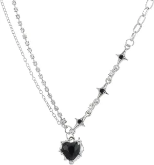 Y2K Heart Diamond Necklace, Aesthetic Punk Heart Crystal Pendant Necklace Asymmetric Rhinestone Star Neck Chain