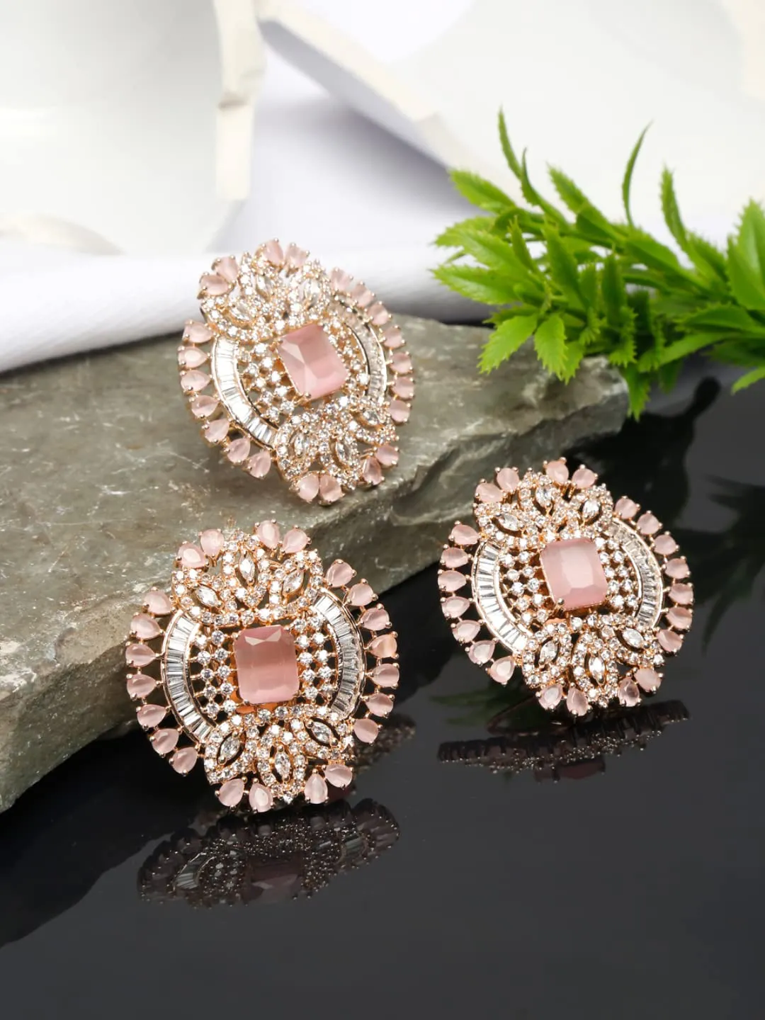 Yellow Chimes American Diamond Earrings for Women Rhodium-Plated RoseGold Toned AD-Studded Geometric Ring With Earrings Set for Women and Girls