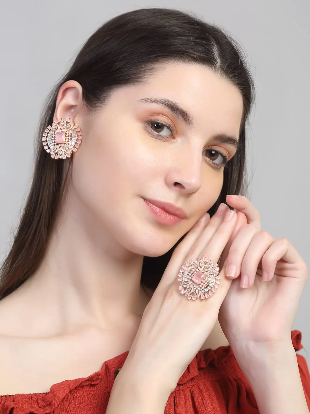Yellow Chimes American Diamond Earrings for Women Rhodium-Plated RoseGold Toned AD-Studded Geometric Ring With Earrings Set for Women and Girls