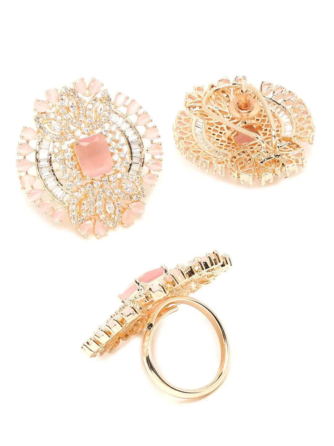 Yellow Chimes American Diamond Earrings for Women Rhodium-Plated RoseGold Toned AD-Studded Geometric Ring With Earrings Set for Women and Girls