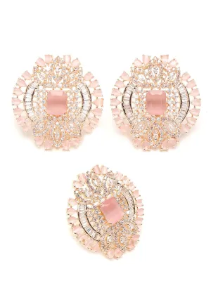 Yellow Chimes American Diamond Earrings for Women Rhodium-Plated RoseGold Toned AD-Studded Geometric Ring With Earrings Set for Women and Girls