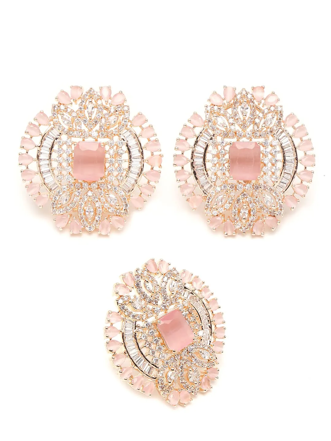 Yellow Chimes American Diamond Earrings for Women Rhodium-Plated RoseGold Toned AD-Studded Geometric Ring With Earrings Set for Women and Girls