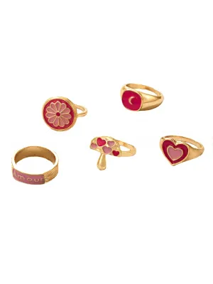 Yellow Chimes Knuckle Rings for Women Combo of 5 Pcs Red Stack Rings Gold Plated Midi Finger Ring Set for Women and Girls.