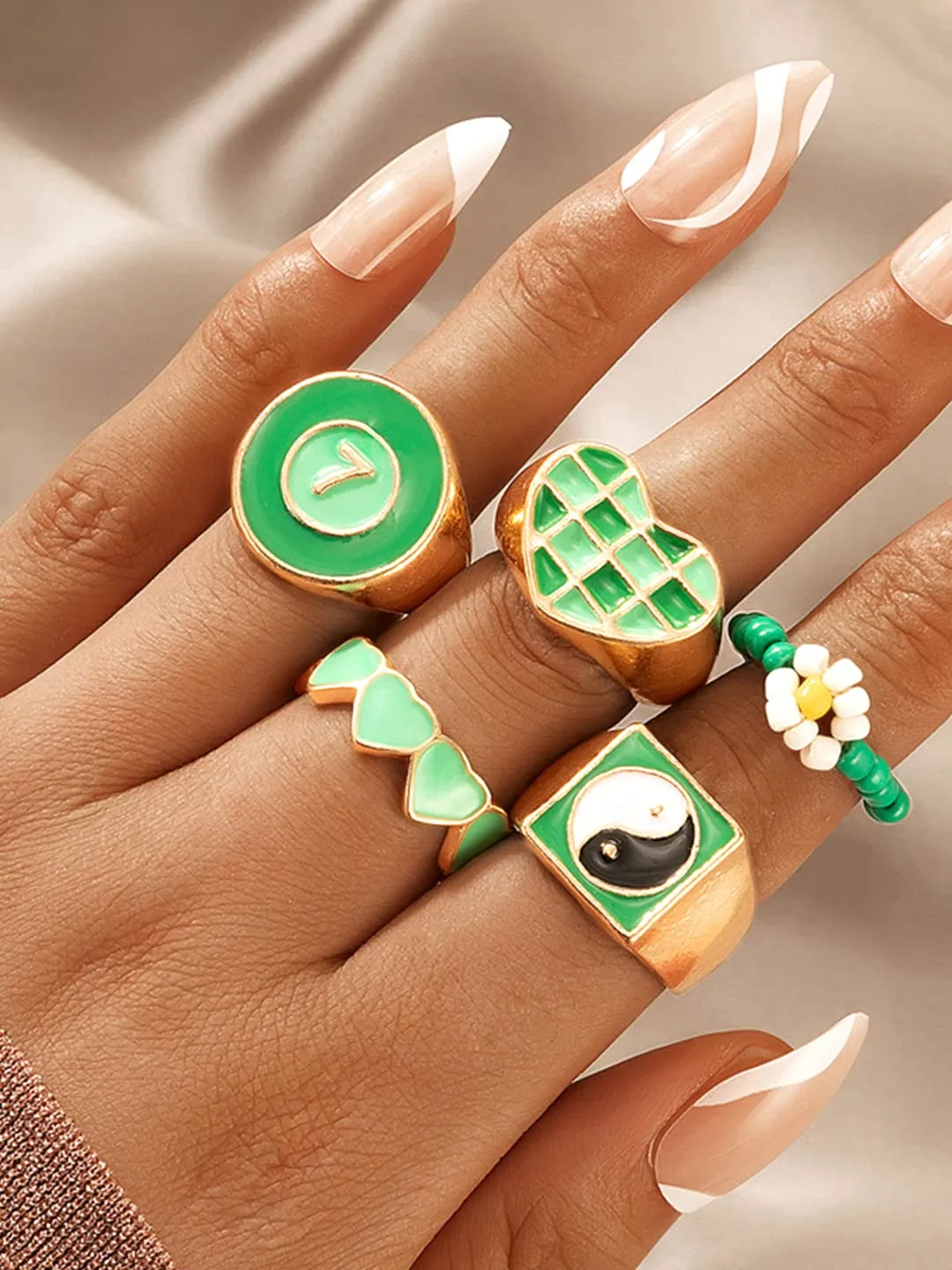 Yellow Chimes Knuckle Rings for Women Combo of 6 Pcs Green Stack Rings Gold Plated Midi Finger Knuckle Ring Set for Women and Girls.
