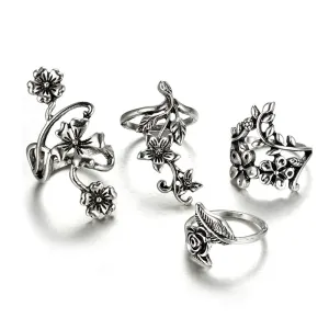 Yellow Chimes Oxidised Rings for Women 4 Pcs Ring Set Boho Vintage Leaves & Rose Floral Shaped Oxidised Silver Plated Rings For Women and Girl's.