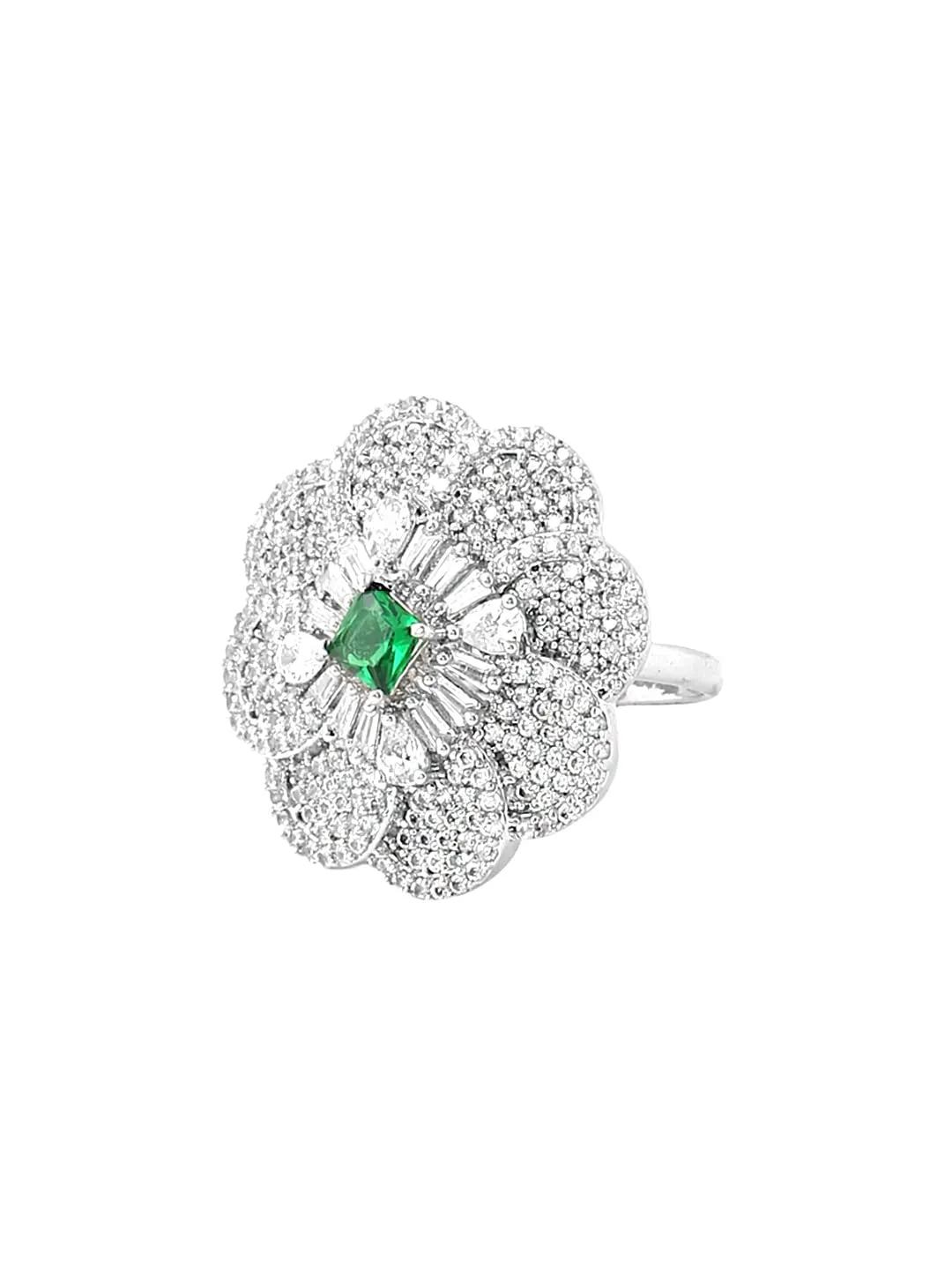 Yellow Chimes Rings for Women American Diamond Ring Rhodium-Plated Crystal AD-Studded Floral Finger Ring For Women and Girls. (RG 1)