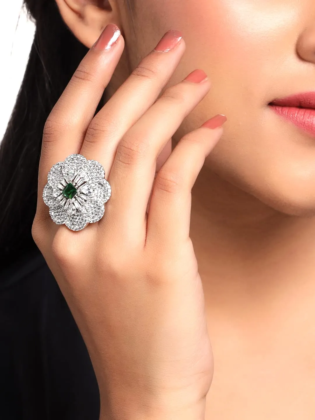 Yellow Chimes Rings for Women American Diamond Ring Rhodium-Plated Crystal AD-Studded Floral Finger Ring For Women and Girls. (RG 1)