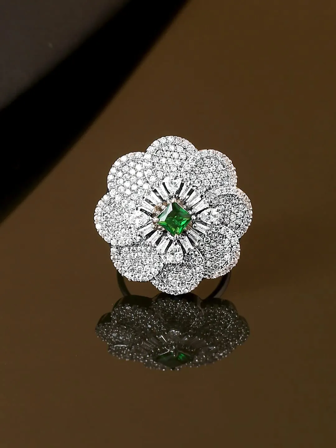 Yellow Chimes Rings for Women American Diamond Ring Rhodium-Plated Crystal AD-Studded Floral Finger Ring For Women and Girls. (RG 1)