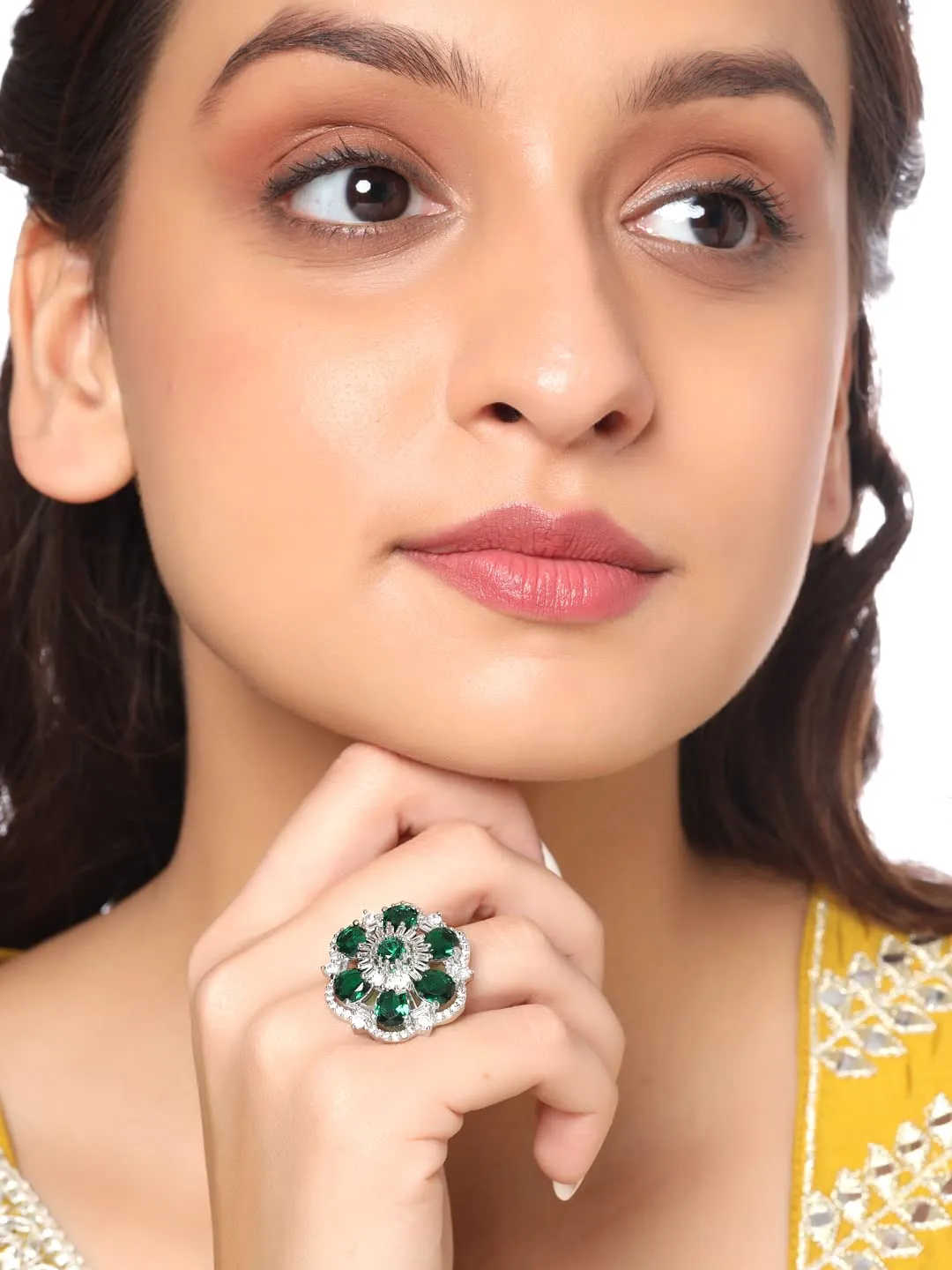 Yellow Chimes Rings for Women American Diamond Ring Rhodium-Plated Crystal AD-Studded Floral Finger Ring For Women and Girls. (RG 5)