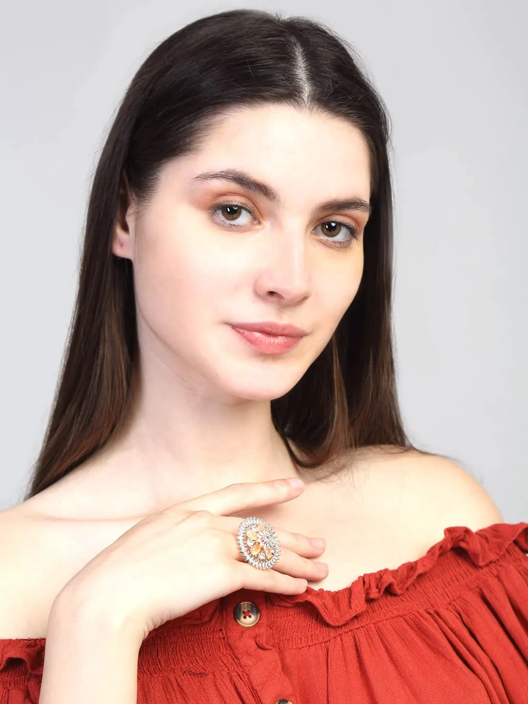 Yellow Chimes Rings for Women American Diamond Ring Rhodium-Plated White AD-Studded Floral Finger Ring For Women and Girls.