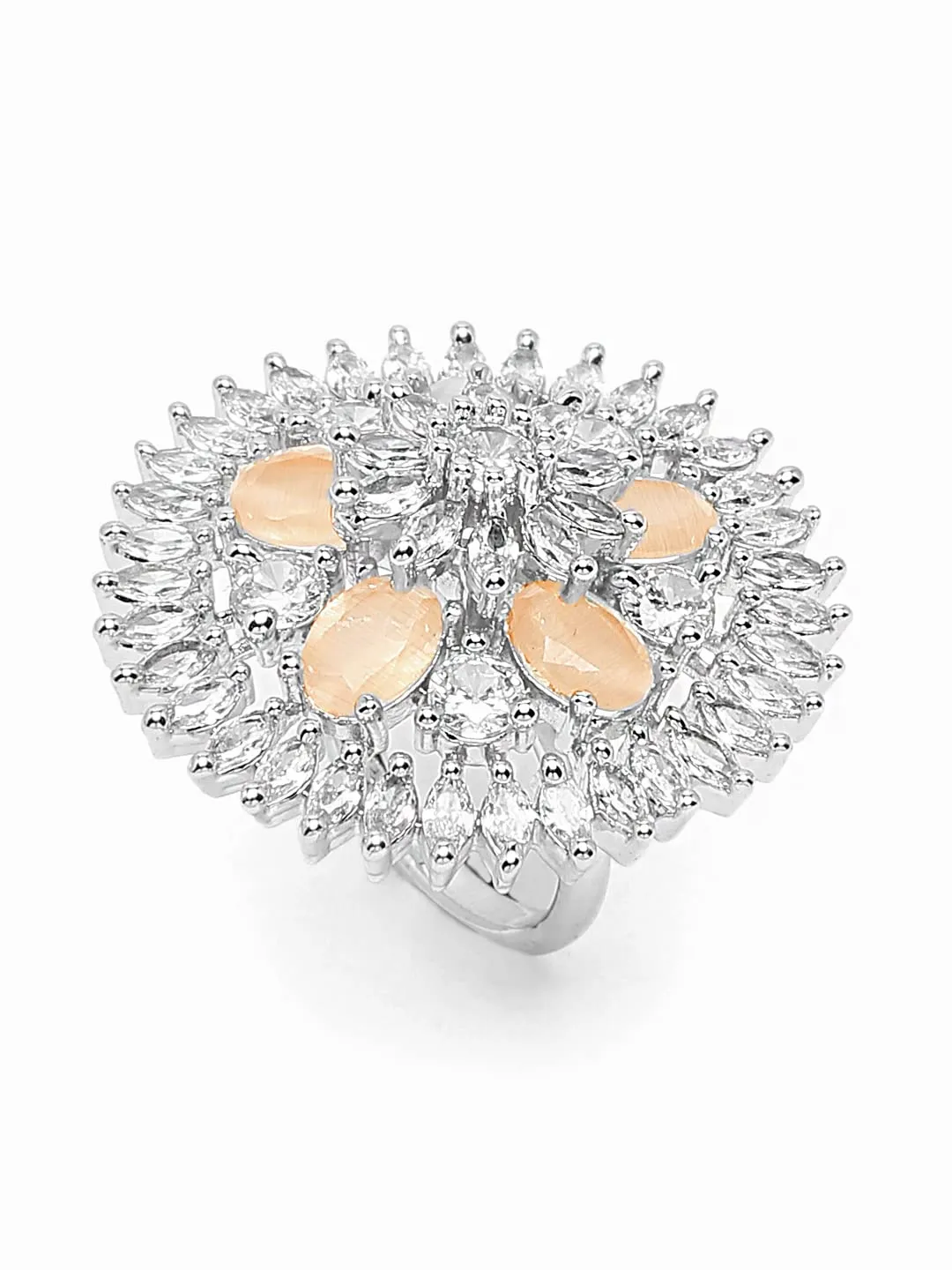Yellow Chimes Rings for Women American Diamond Ring Rhodium-Plated White AD-Studded Floral Finger Ring For Women and Girls.