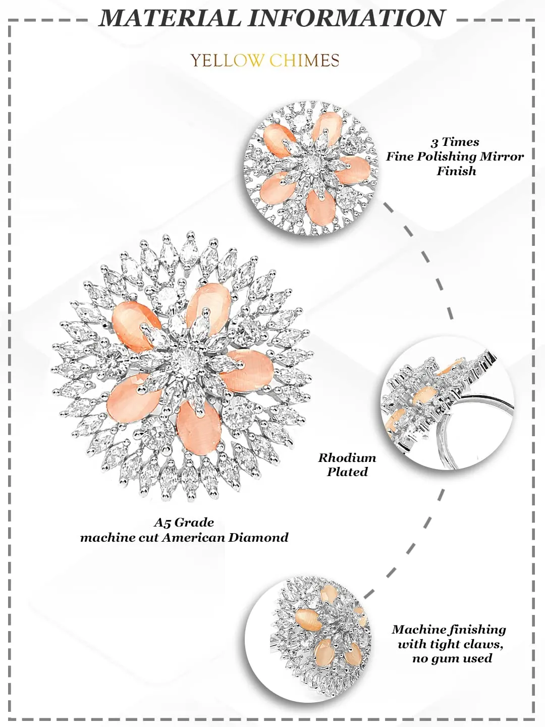 Yellow Chimes Rings for Women American Diamond Ring Rhodium-Plated White AD-Studded Floral Finger Ring For Women and Girls.