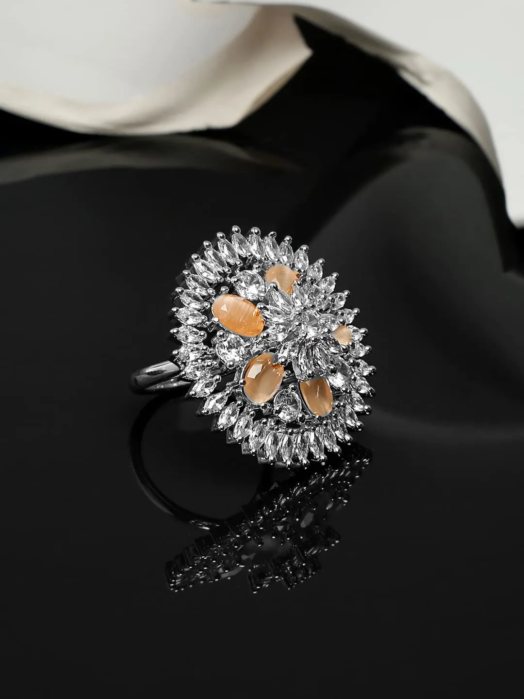 Yellow Chimes Rings for Women American Diamond Ring Rhodium-Plated White AD-Studded Floral Finger Ring For Women and Girls.
