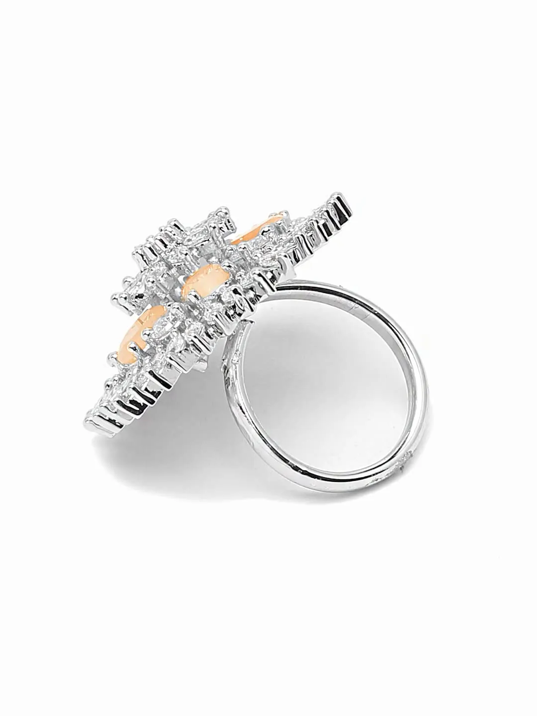 Yellow Chimes Rings for Women American Diamond Ring Rhodium-Plated White AD-Studded Floral Finger Ring For Women and Girls.