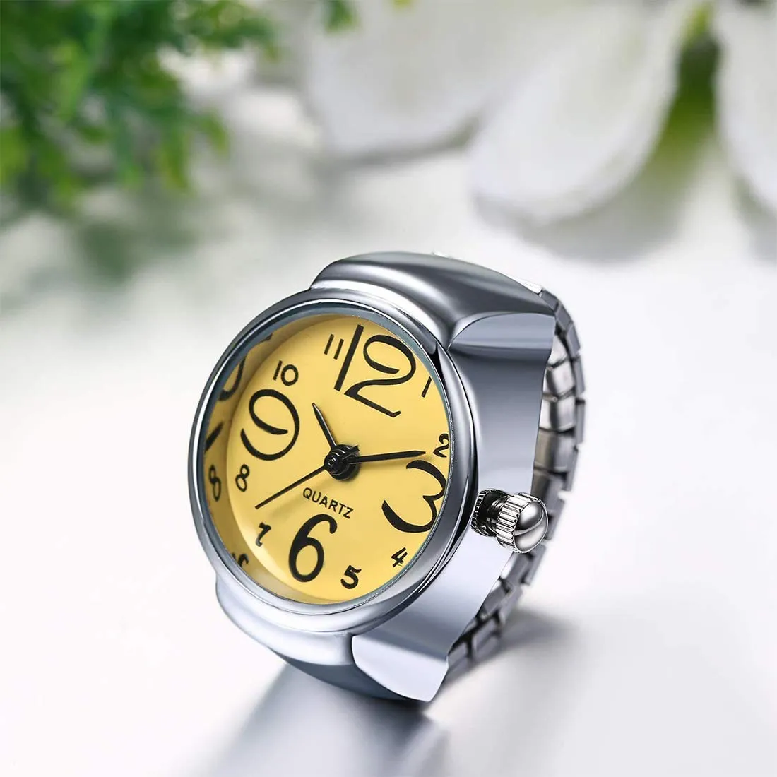 Yellow Chimes Rings for Women Stainless Steel Yellow Dial Analog Watch Ring Stretchable Ring Watch for Women and Girls