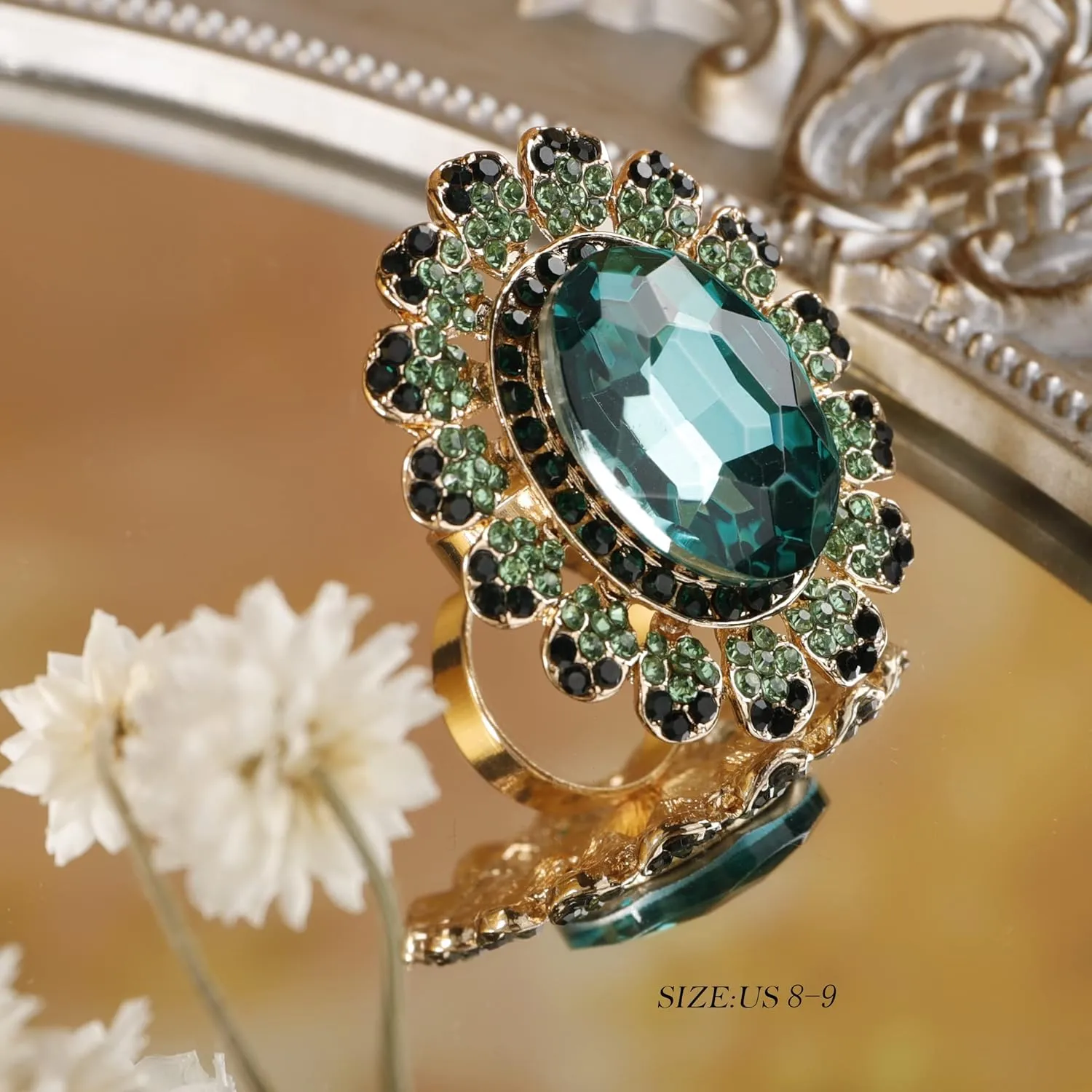 YERTTER Antique Gold Crystal Women Statement Ring Rhinestone Oval Ring Exaggerated Cocktail Ring Vintage Crystal Ring for Women Girls