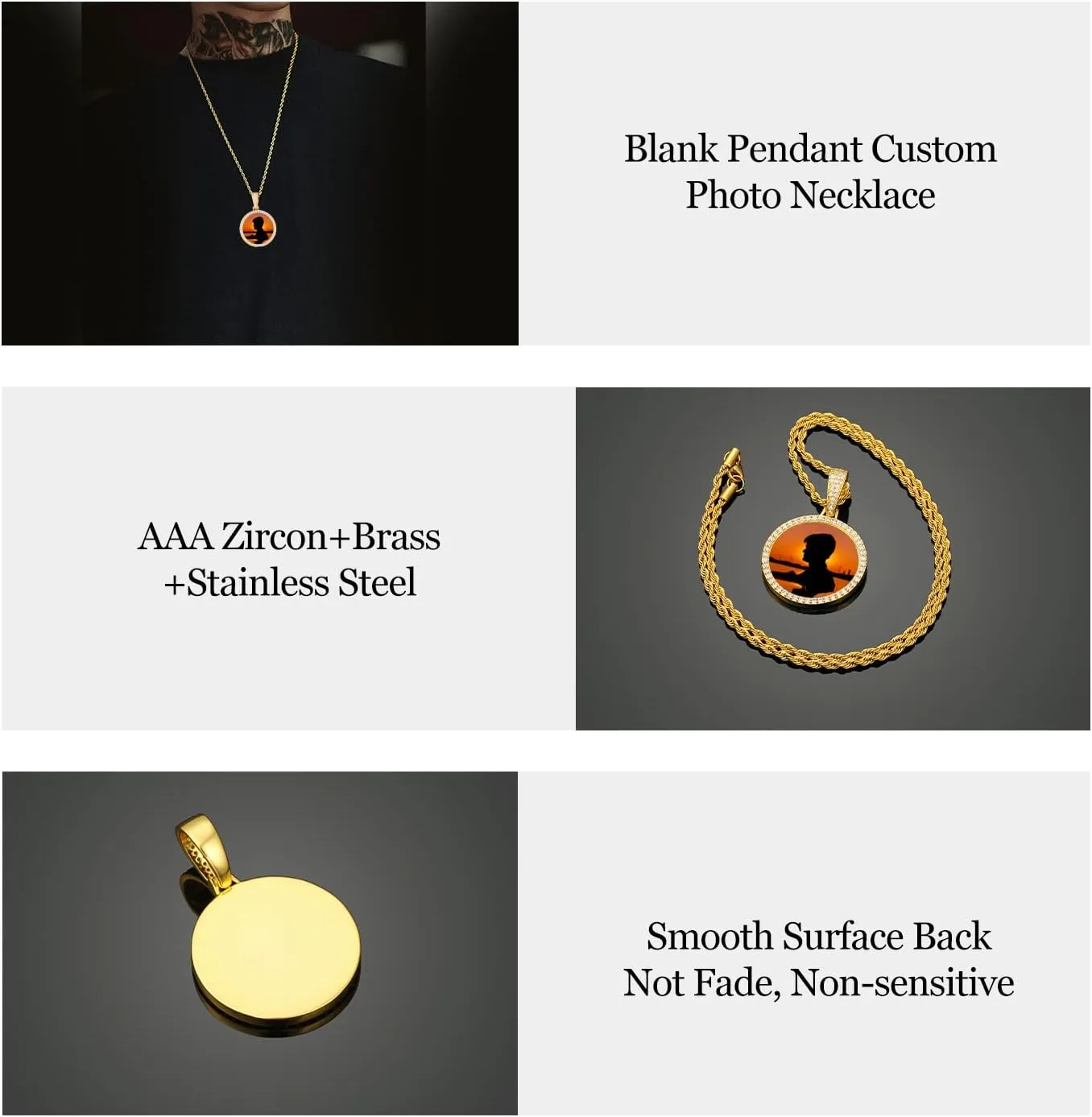 YIMERAIRE Personalized Picture Pendant Necklace Blank Picture Pendant Charm Iced Out Round Angel Wings Pendant with Rope Chain for Women and Men
