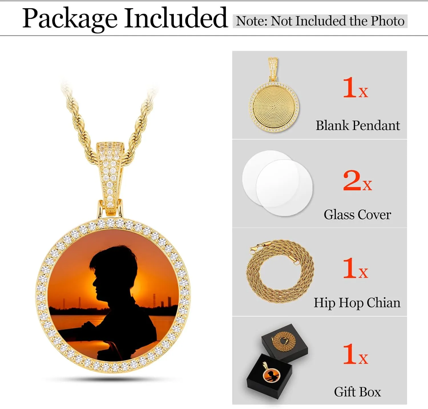 YIMERAIRE Personalized Picture Pendant Necklace Blank Picture Pendant Charm Iced Out Round Angel Wings Pendant with Rope Chain for Women and Men