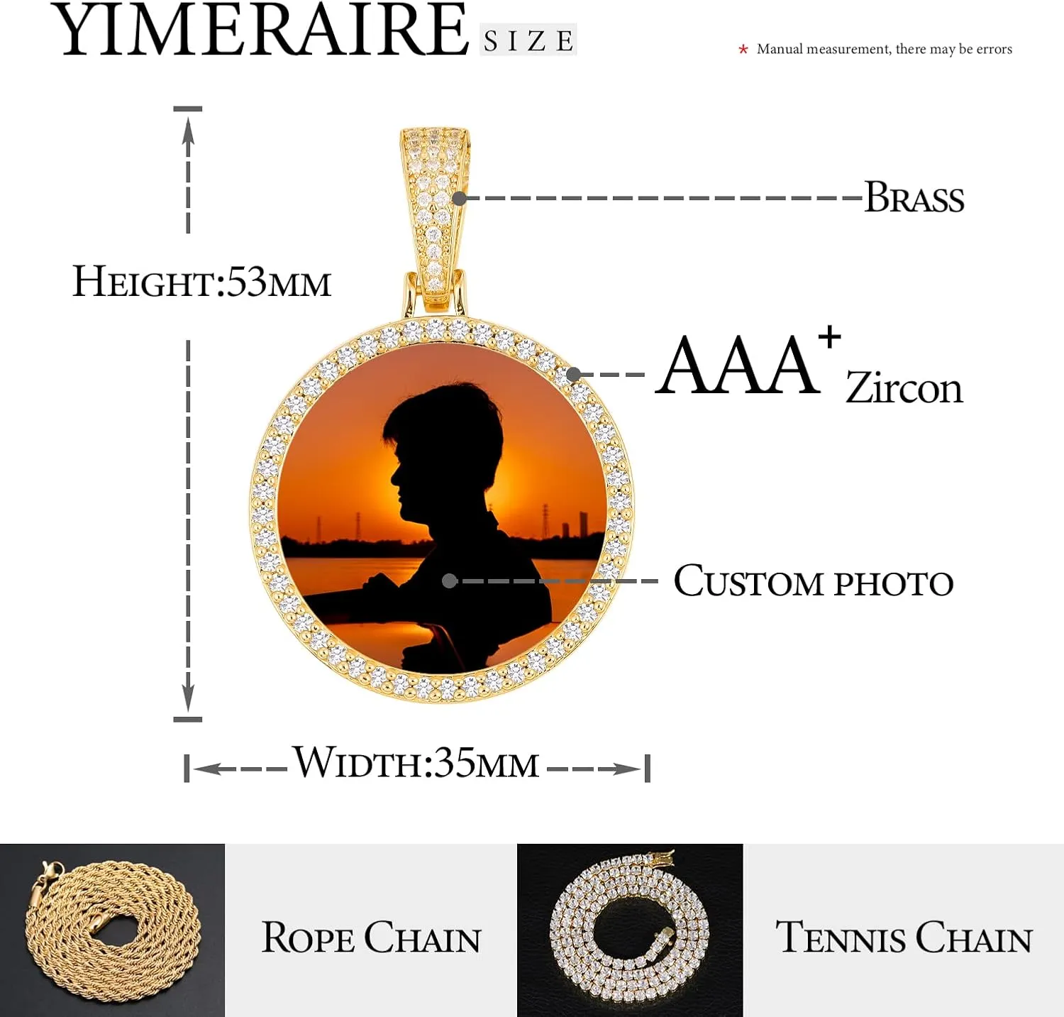 YIMERAIRE Personalized Picture Pendant Necklace Blank Picture Pendant Charm Iced Out Round Angel Wings Pendant with Rope Chain for Women and Men