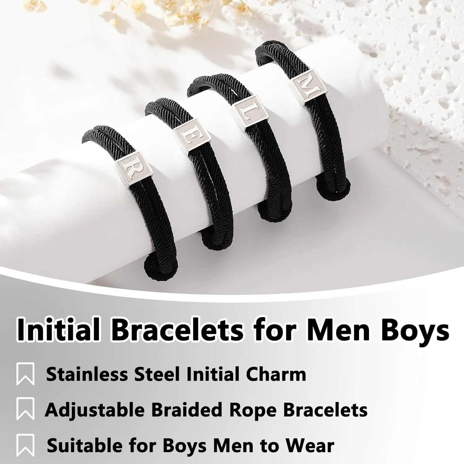 Zocomi 2025 Graduation Gifts, Rope Initial Bracelet for Men Boys Girls, Stainless Steel A-Z Letter Charm Bracelet, Handmade Braided Bracelet Adjustable 7-13 Inches Jewelry Gifts for Him