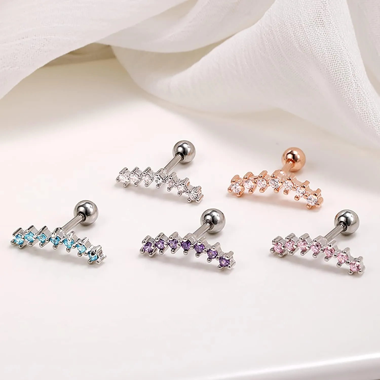 ZS Curve Seven Stud CZ Stud Earrings 316L Stainless Steel Ear Helix Conch Cartilage Piercing
